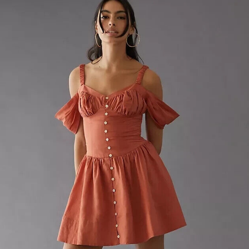 By Anthropologie linen blend off the shoulder button-front mini dress